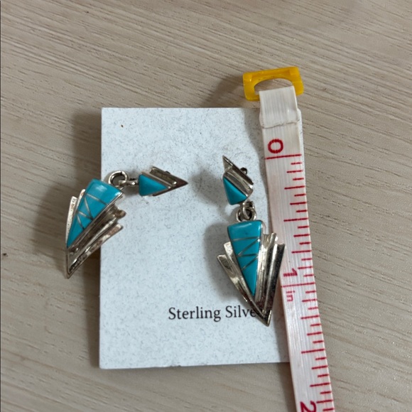 New Southwestern Turquoise Silver Inlay Post Dangle Earrings - Picture 4 of 4